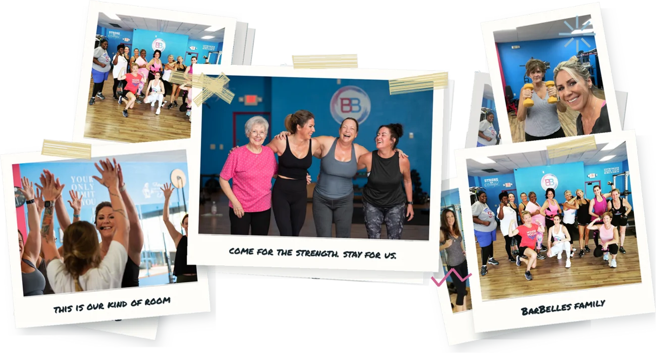Snapshots of the Barbelles community — classes, celebrations, and the whole family together